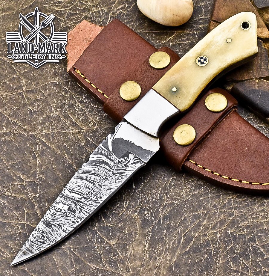 Damascus Steel Hunting Skinner Knife with Bone and Steel Bolster Handle