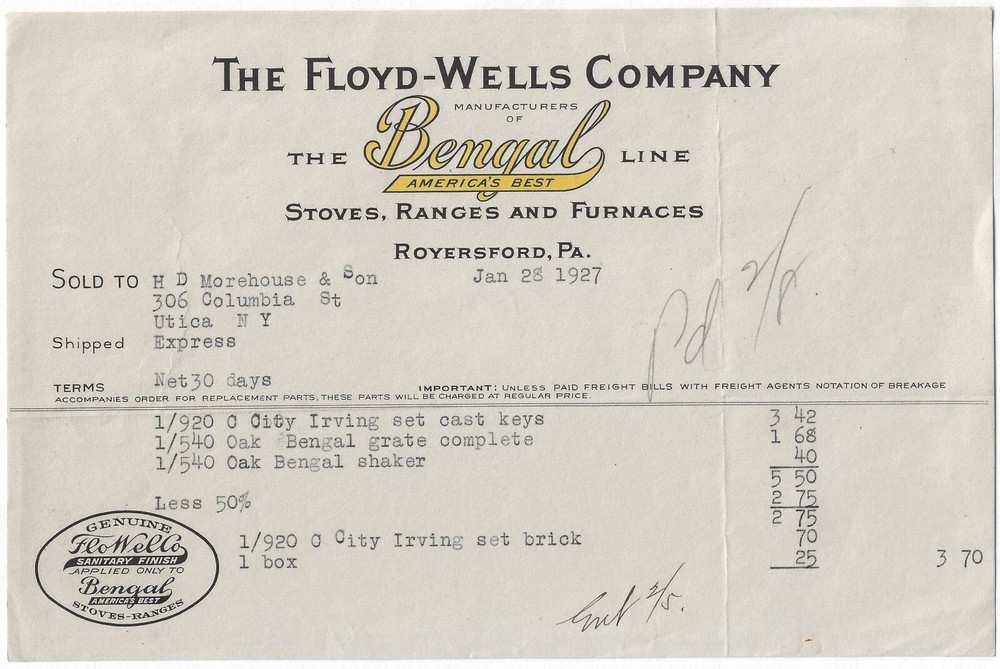 Floyd Wells Company Bengal Line Stove Range Royersford PA 1927 Vintage Billhead