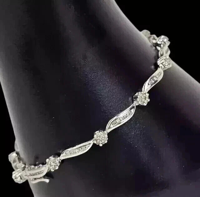 Women's 14K White Gold Plated Beauty Bracelet with 12Ct Lab-Created Round Cut Diamonds 7 Inch