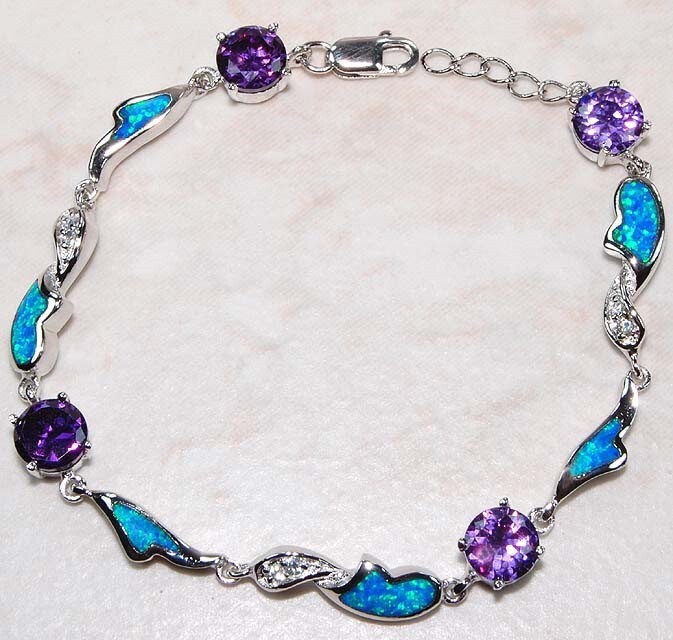 Amethyst & Australian Opal Inlay 925 Solid Sterling Silver Tennis Bracelet OX1