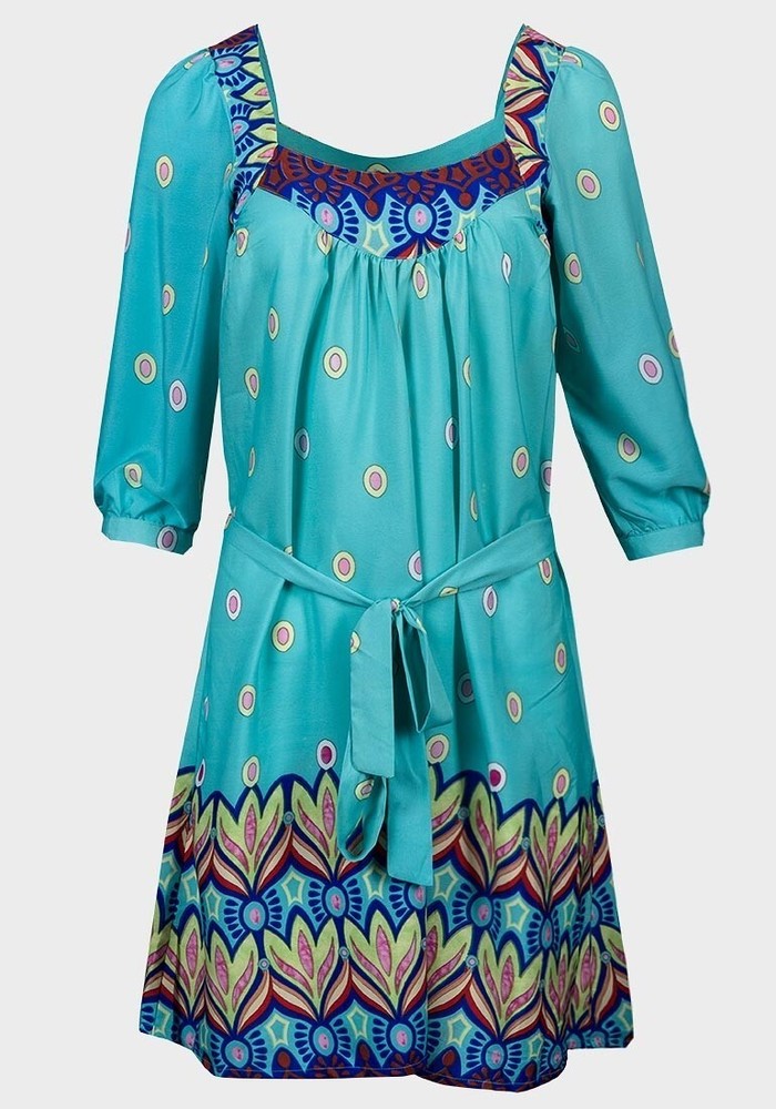 Turquoise Floral Boho Tunic Dress with Belt Summer Festival Size 10 BNWT