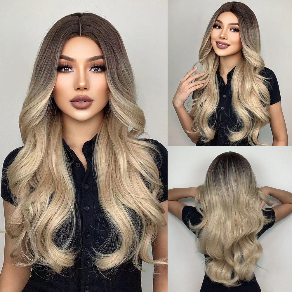Long Wavy Root Dark Brown Gradient Blonde Wigs Synthetic Women Hair Daily Party