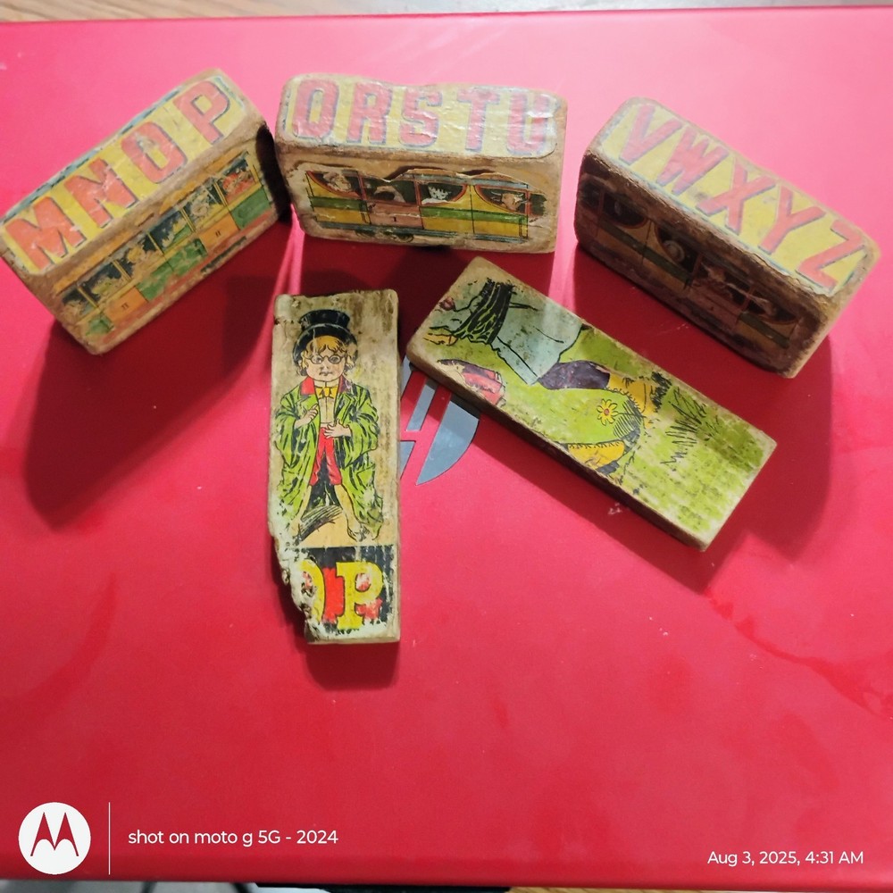 Rare Victorian Wooden Alphabet Blocks Timeworn Lithographs Antique Incomplete