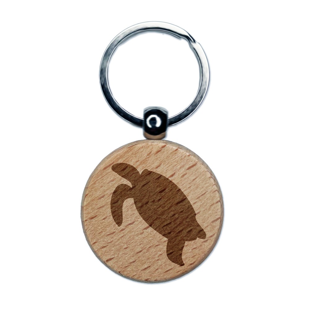 Turtle Swimming Solid Engraved Wood Round Keychain Tag Charm