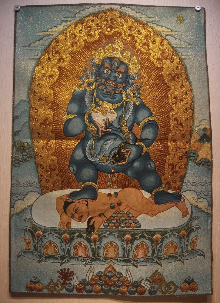 Chinese Tibetan Buddhist embroidery Brocade Tapis Thangka Tangka Black Kubera