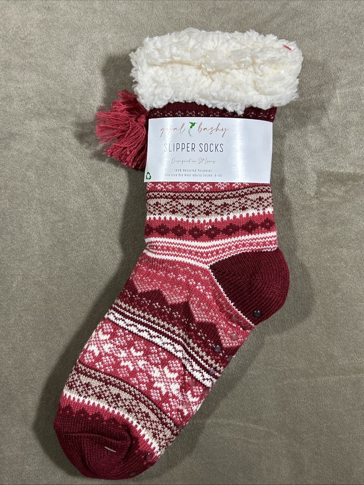 Slipper Socks Adult 6-10 Red Print Winter Recycled Polyester Gyal Bashy Soft NWT