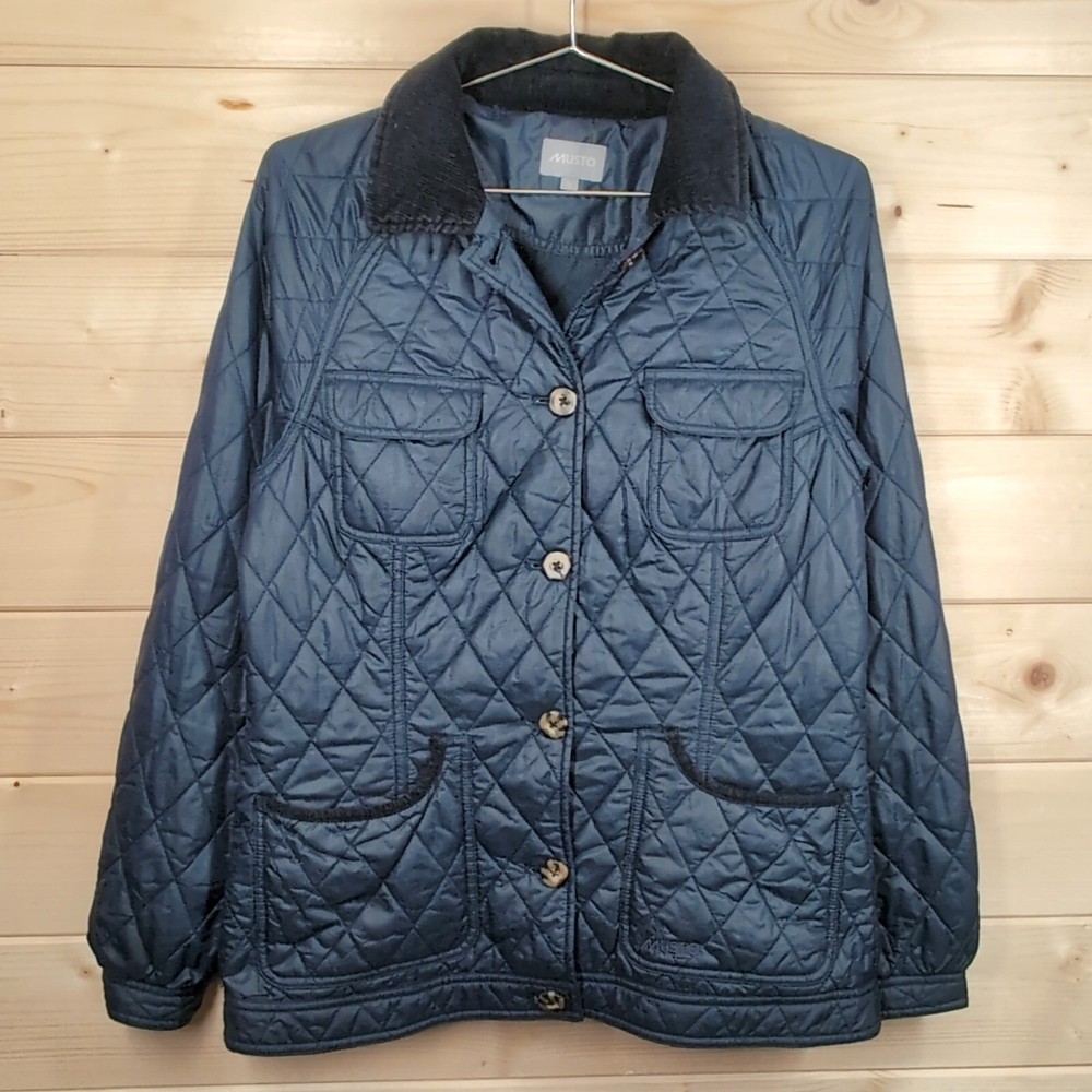 Musto Womens UK 12 Navy Blue Quilted Padded Jacket Full Zip Corduroy Collar