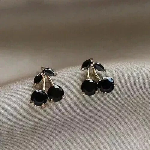 2Ct Round Black Diamond Cherry Stud Earrings in 14K Yellow Gold Plated