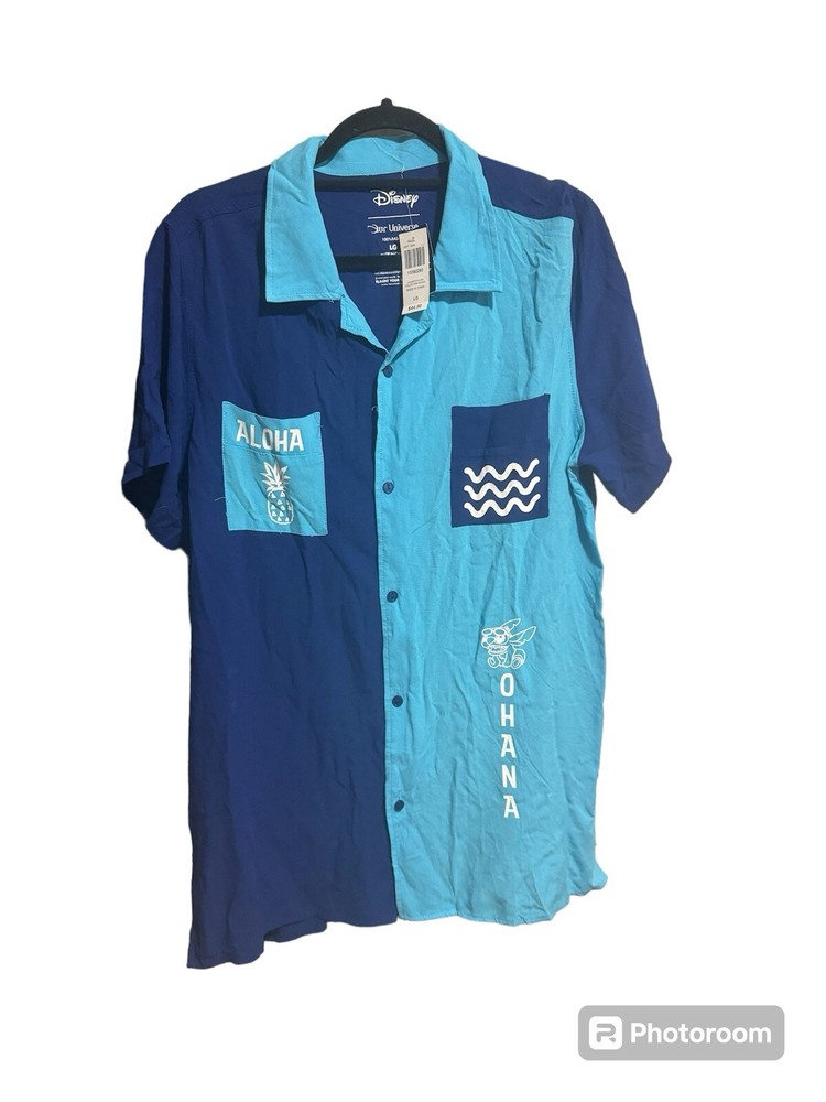 Disney Shirt Men Large Blue Rayon Button Up Our Universe Ohana Lilo Stitch Adult