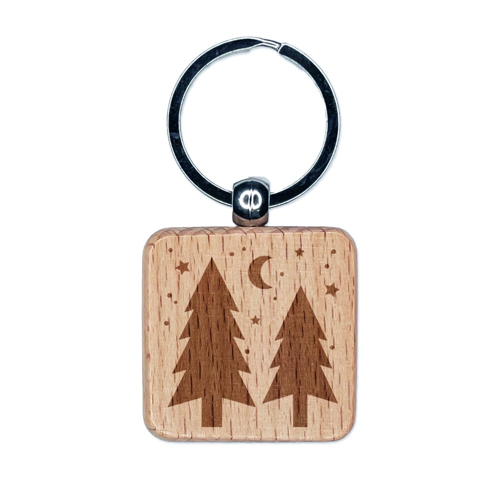 Evergreen Trees Night Sky Engraved Wood Square Keychain Tag Charm