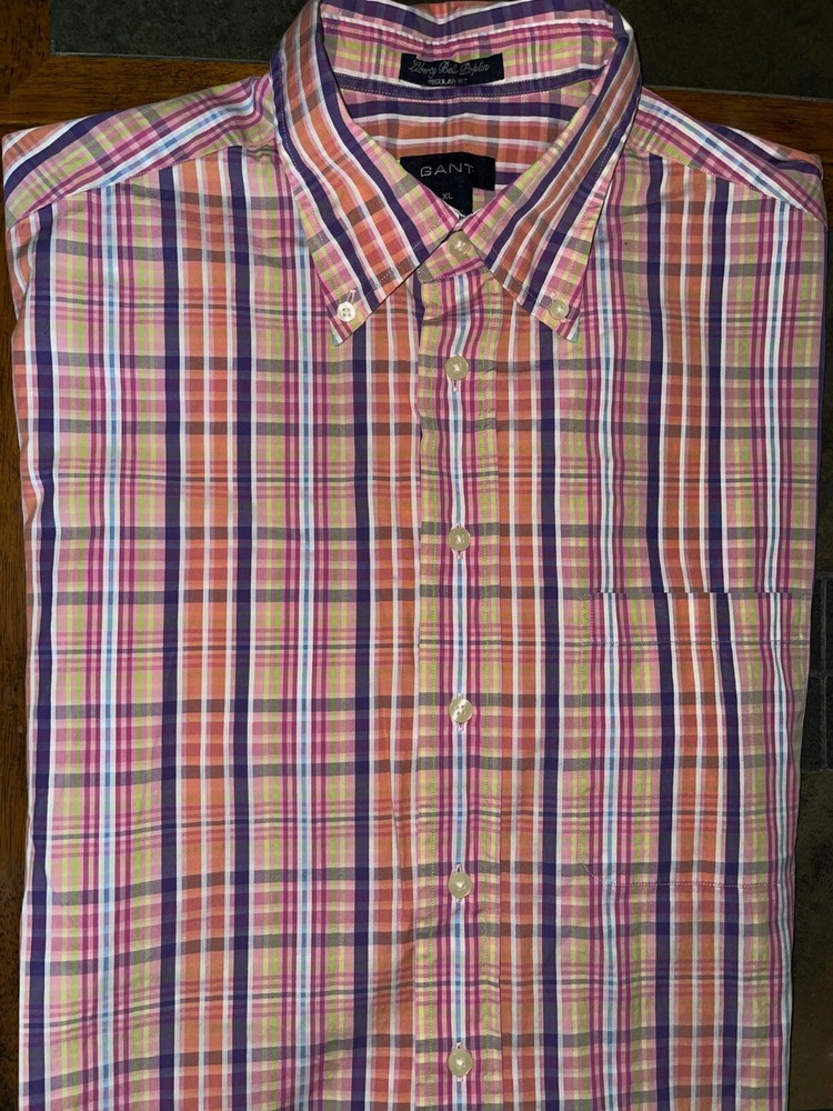 Mens Gant Liberty Bell Poplin Short Sleeve Plaid Button Front Shirt XL - EUC