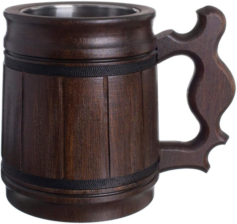 MFC 10oz Beer Mug Stainless Steel Wooden Handle Coffee Stein