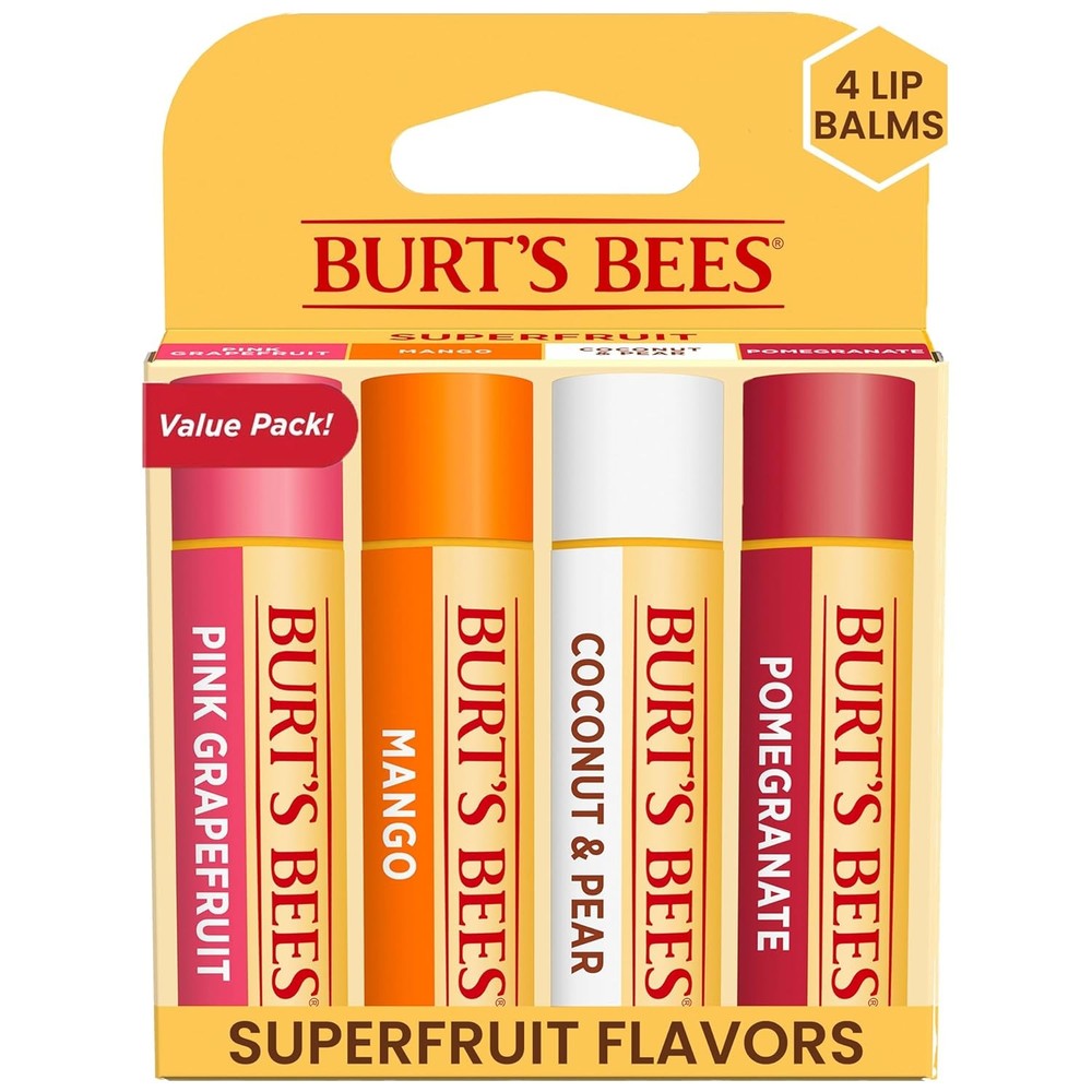Burt’s Bees Lip Balm 4 Pack, Pink Grapefruit Mango Coconut Pear Pomegranate