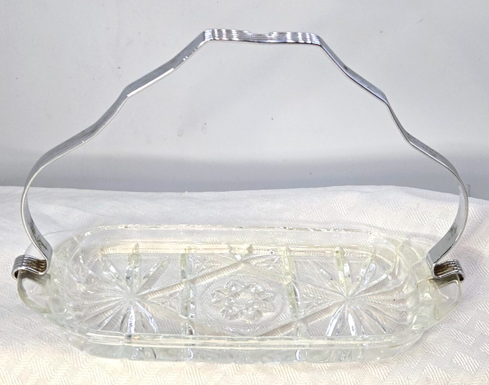 Vintage 60s Anchor Hocking Pressed Glass Butter Dish with Metal Handle