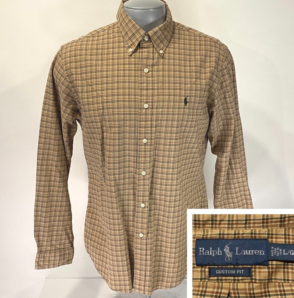 POLO RALPH LAUREN Custom Fit L Large Shirt Brown Green Plaid Long Sleeve Twill