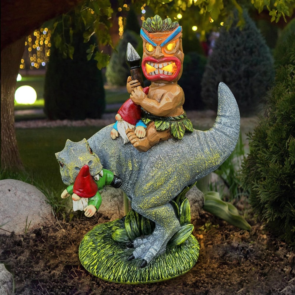 Dinosaur Tiki Bar Decor Gnome Garden Solar Statue Outdoor Funny Dinosaurs Pat...