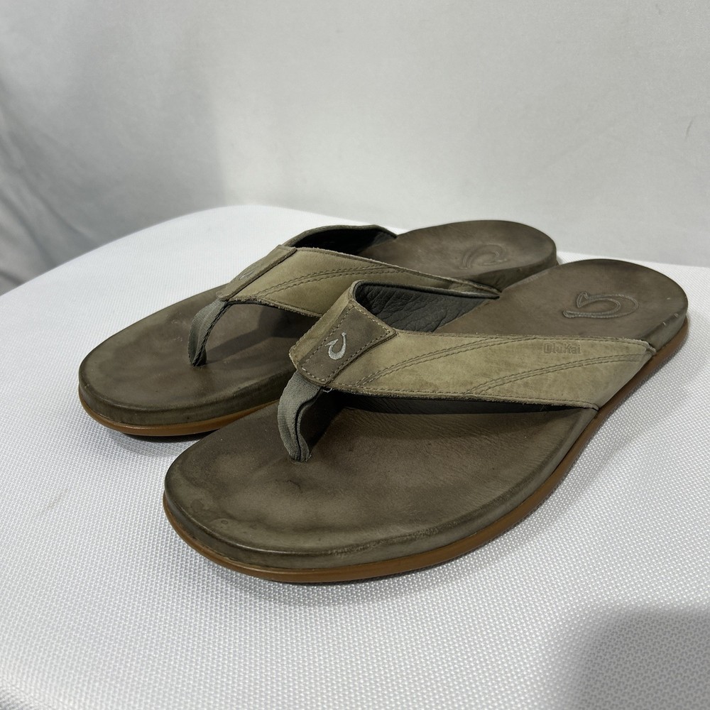 Olukai Pikoi Gray Leather Flip Flops Slides for Men Size 14 Comfortable Slip-On