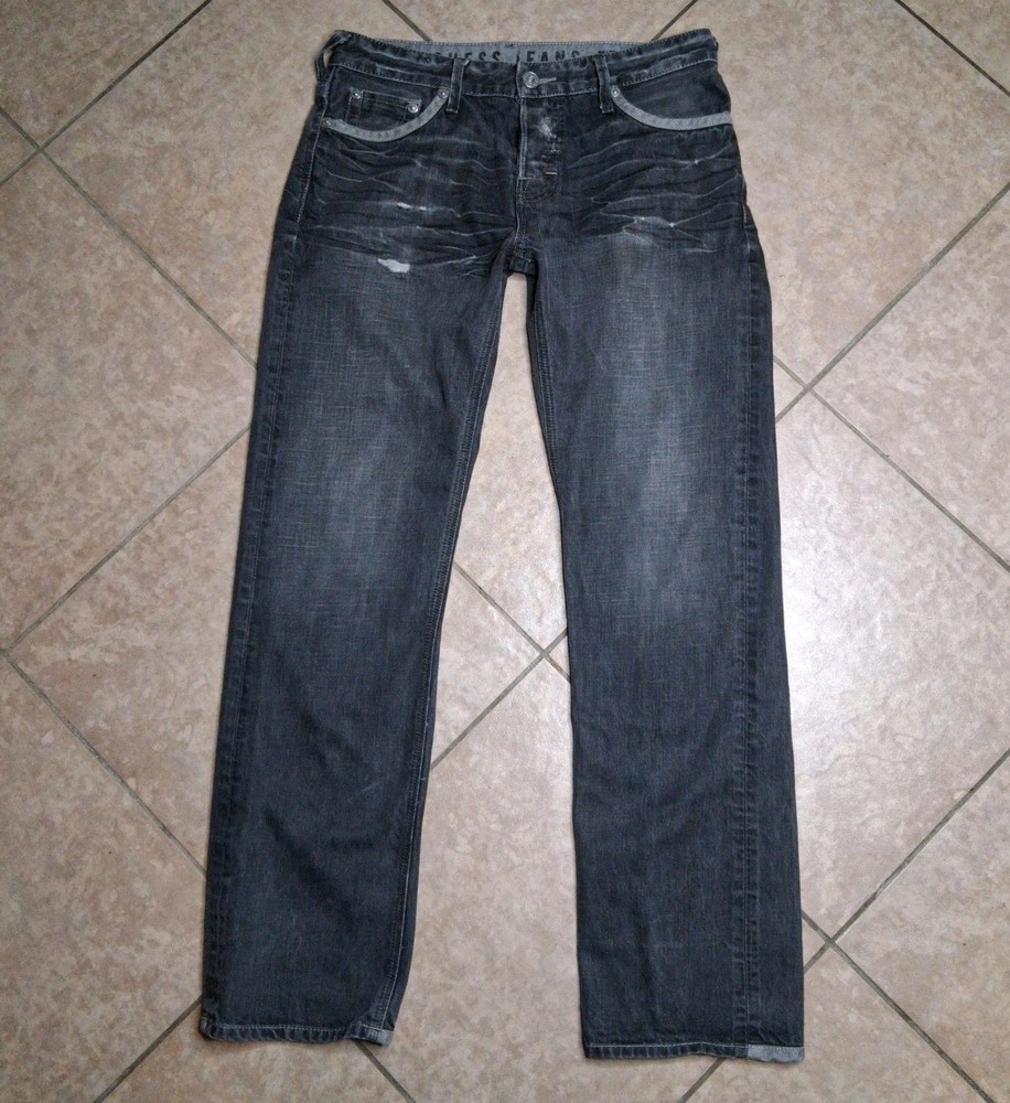 Vintage GUESS Rebel Straight Leg Button Fly Jeans Britain Flag Embroidered 33x32