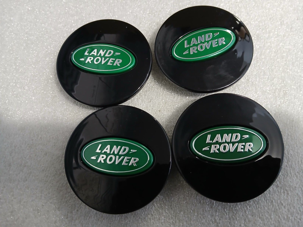 4-Piece Glossy Black & Green Land Rover Wheel Hub Cap Set