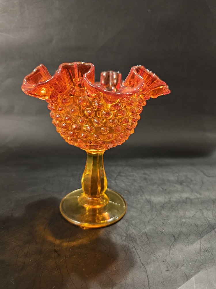 VTG Fenton Glass Red Golden Amberina Ruffled Edge Thumbprint Compote Dish