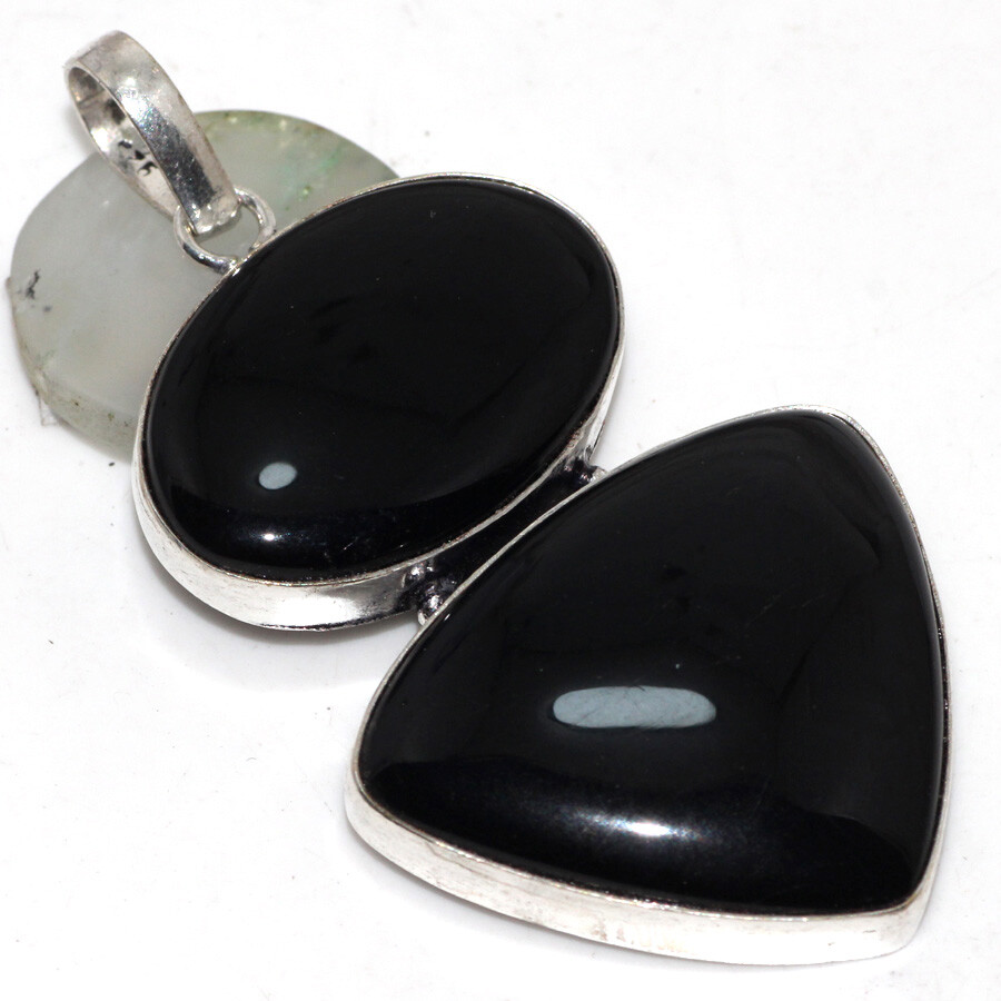 Black Onyx 925 Silver Plated Long Gemstone Handmade Pendant 2.5