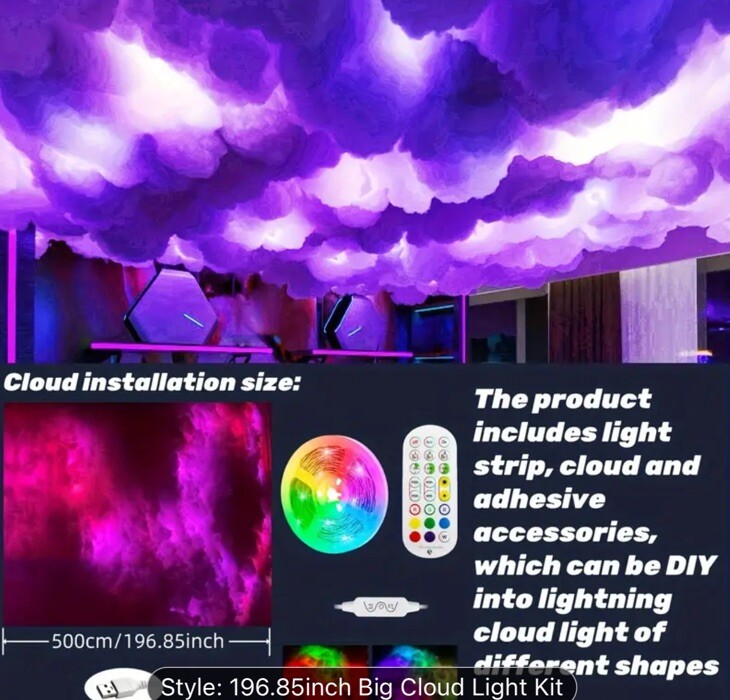 196.85inch RGB LED Cloud Light Kit with Music Sync, Multicolor Changing Strip