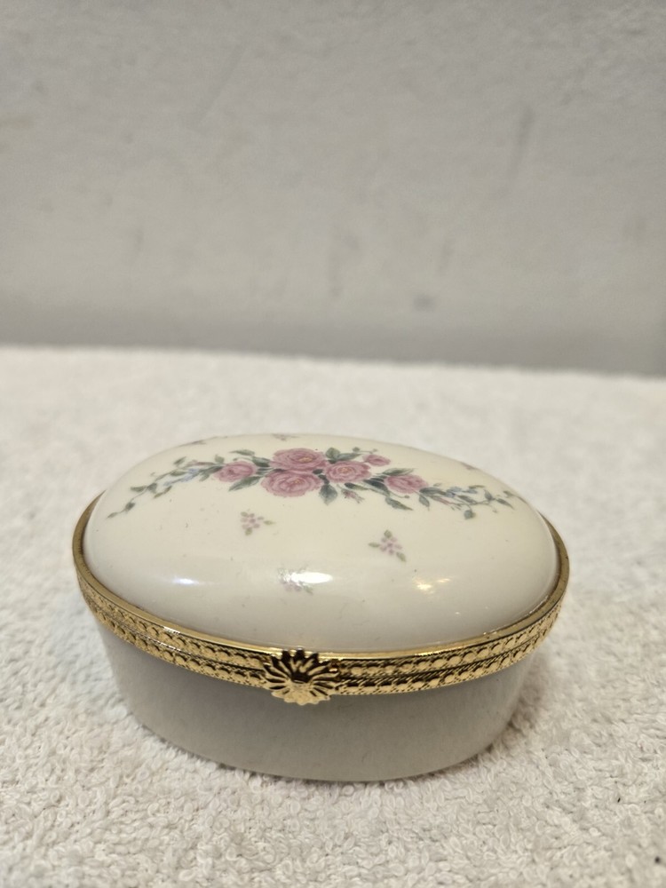 Lenox Vintage Porcelain Trinket Box Oval Floral Rose Hinged Gold Trim