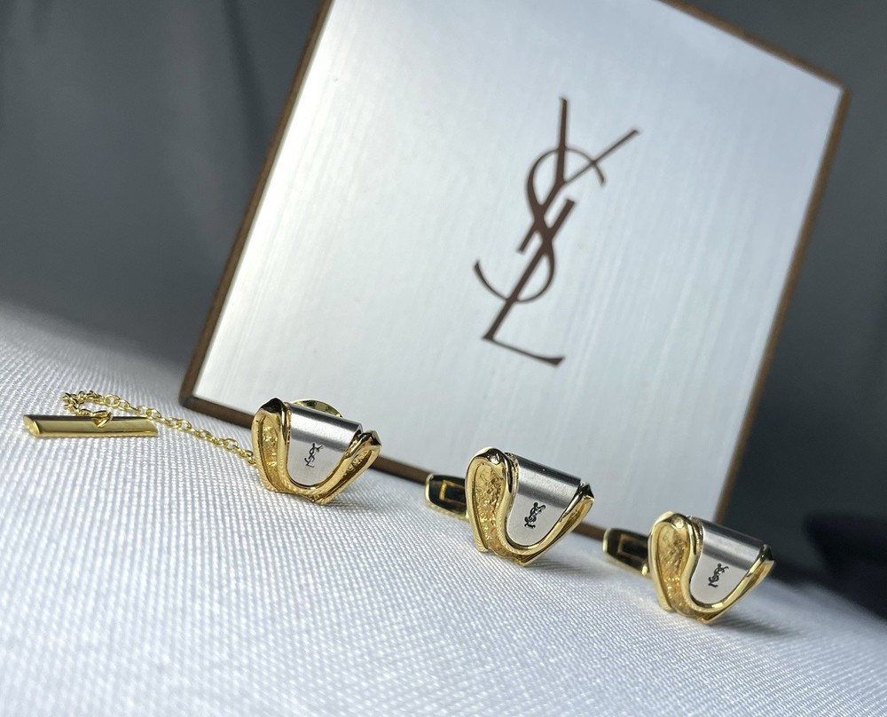 Yves Saint Laurent YSL Titanic pin brooch cufflinks gold silver logo box