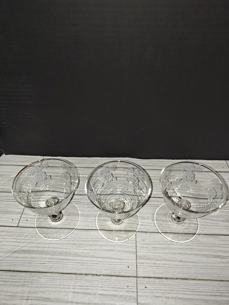 Art Nouveau Floral Design Glass Champagne Sherbet Coupe Goblets Set of 3