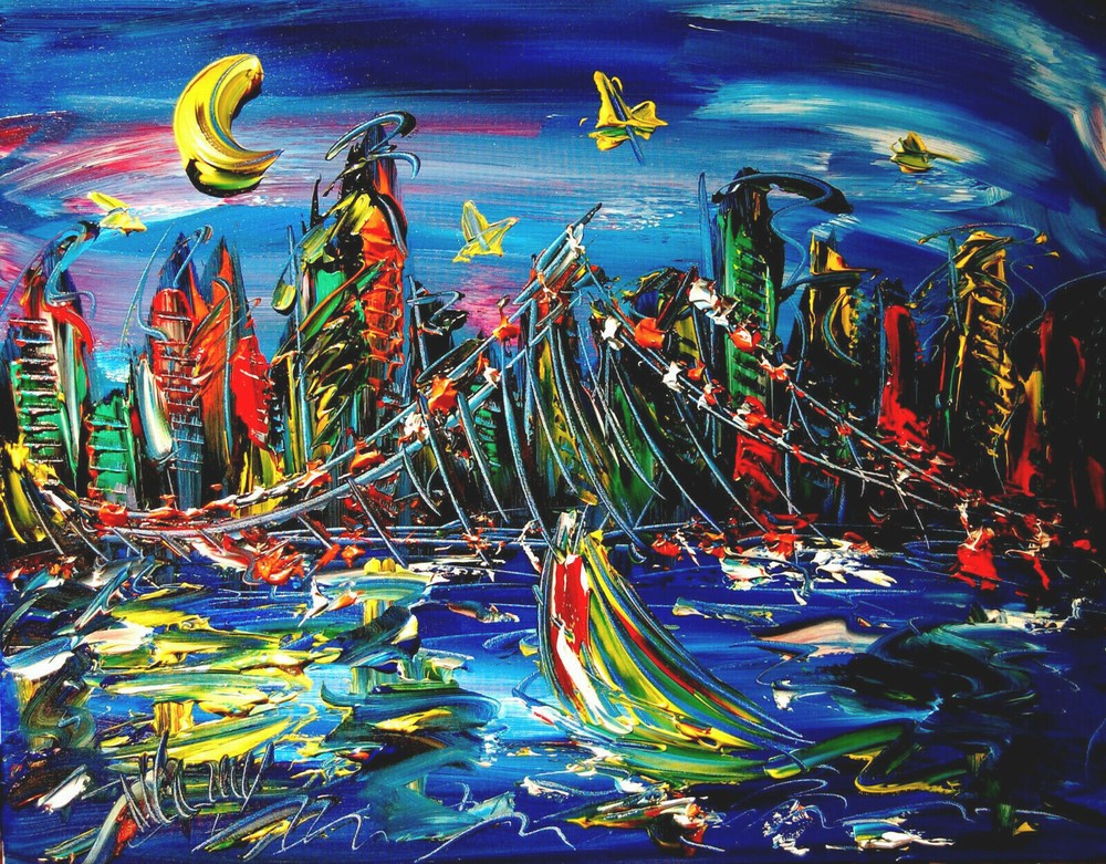 BLUE CITYSCAPE Abstract Modern Original Oil Painting by Mark Kazav  T6876