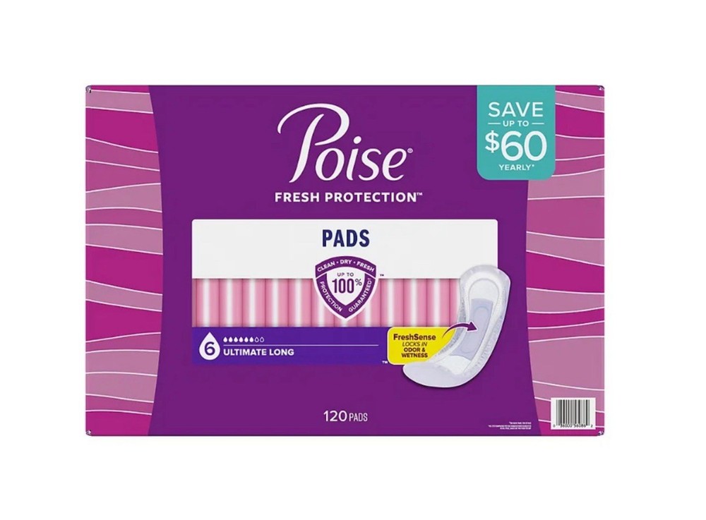 Poise Ultimate Long Size 6 Pads 120 Count Fresh Protection