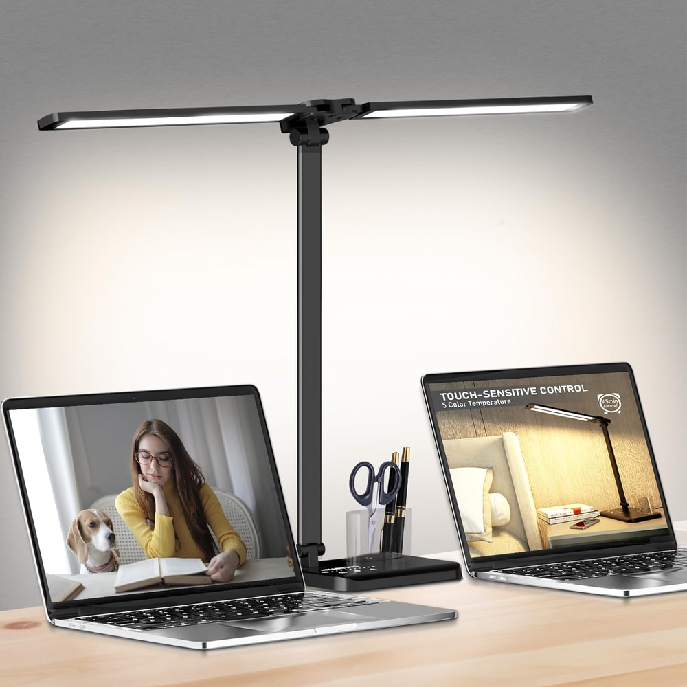 Adjustable Dual Swing Arm LED Desk Lamp - 50 Lighting Modes, USB Charging, Dimmable