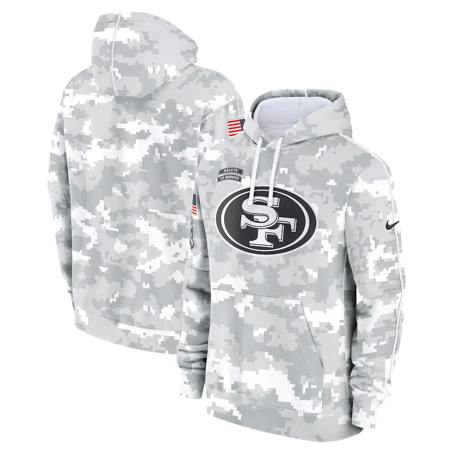 San Francisco 49ers 2024 Salute Service Club Fleece Pullover Hoodie Arctic Camo