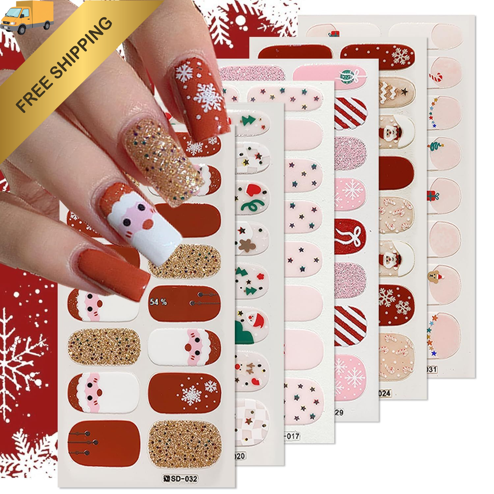 6Sheets Christmas Gel Nail Strips Tree Full Wraps Muiticolor