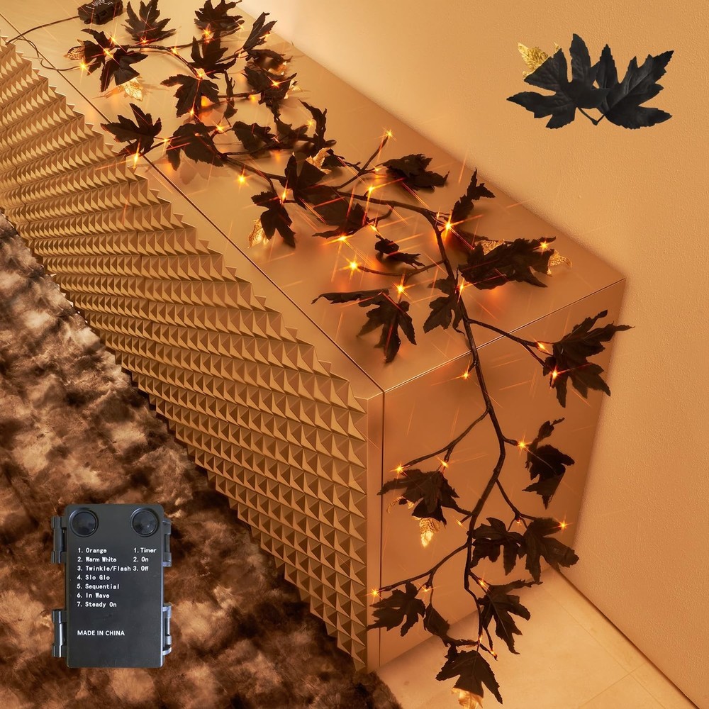 Fudios 6ft Black Halloween Maple Leaf Garland with 48 Orange LED Lights and Timer