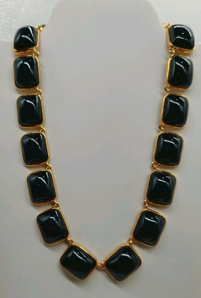 Necklace Square Black Beads Gold Tone Metal Choker