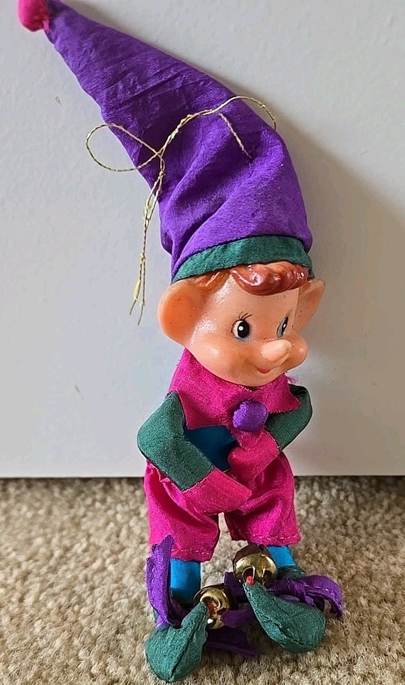 Vintage Christmas Pixie Elf Japan Shelf Sitter Nylon Ornament Purple Bells