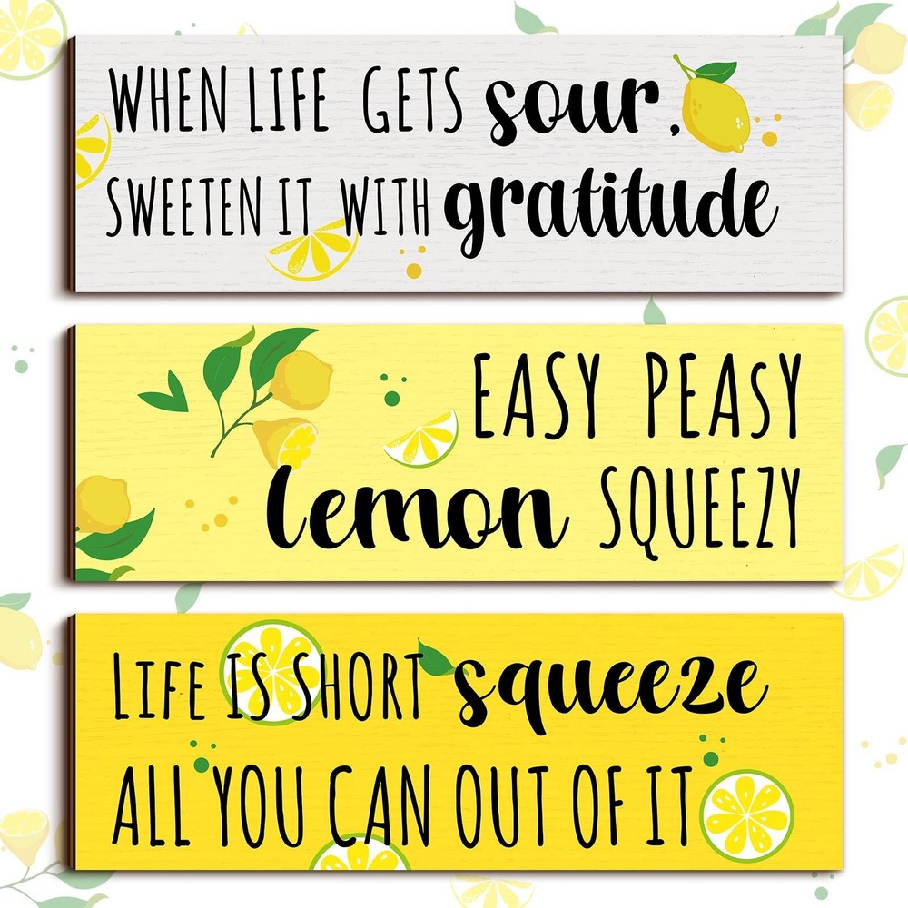Yulejo 3 Pieces Lemon Wood Sign Lemon Kitchen Decor Inspirational Quote Wall ...