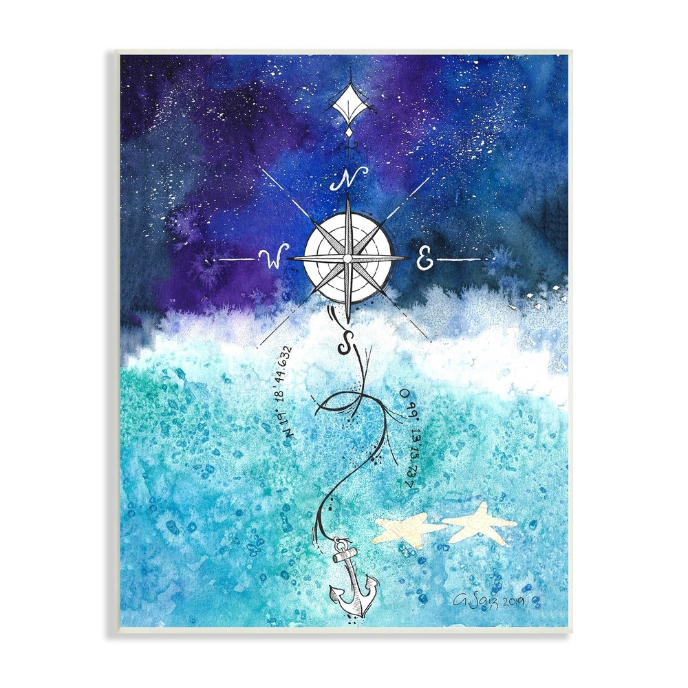 Stupell Night Sky Blue Ombre Ocean Waves Nautical Compass Anchor Wood Wall Art