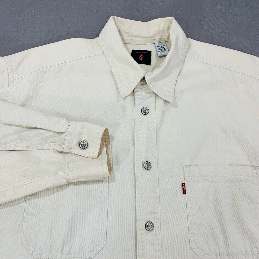 Vintage Levis Shirt Men Medium Cream Beige Metal Buttons Long Sleeve Y2K Flannel