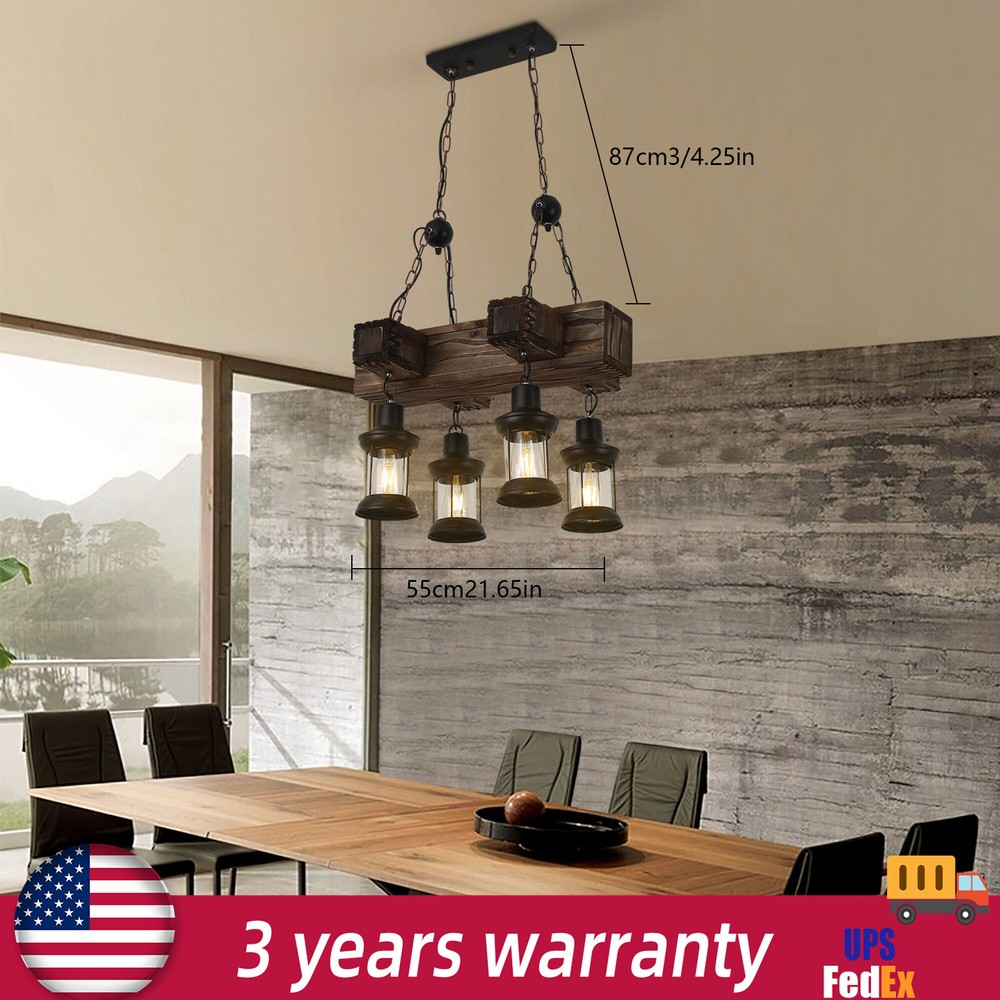 Rustic 4 Heads Chandelier Wood Industrial Ceiling Lamp Pendant Light Fixture USA