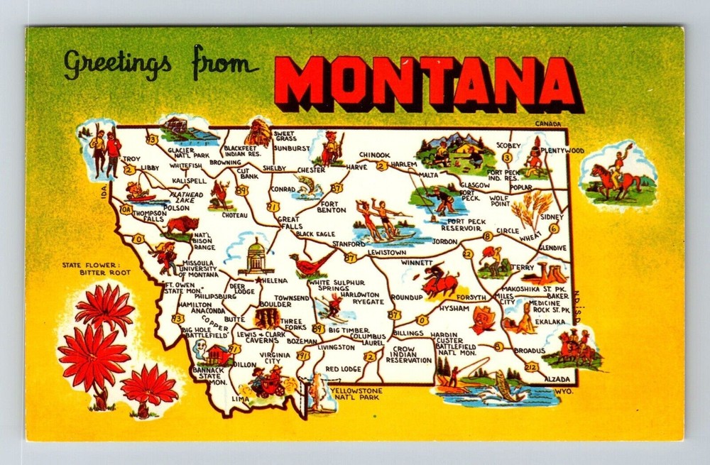 MT-Montana, Scenic Greetings, Map View, Landmarks, Vintage Postcard