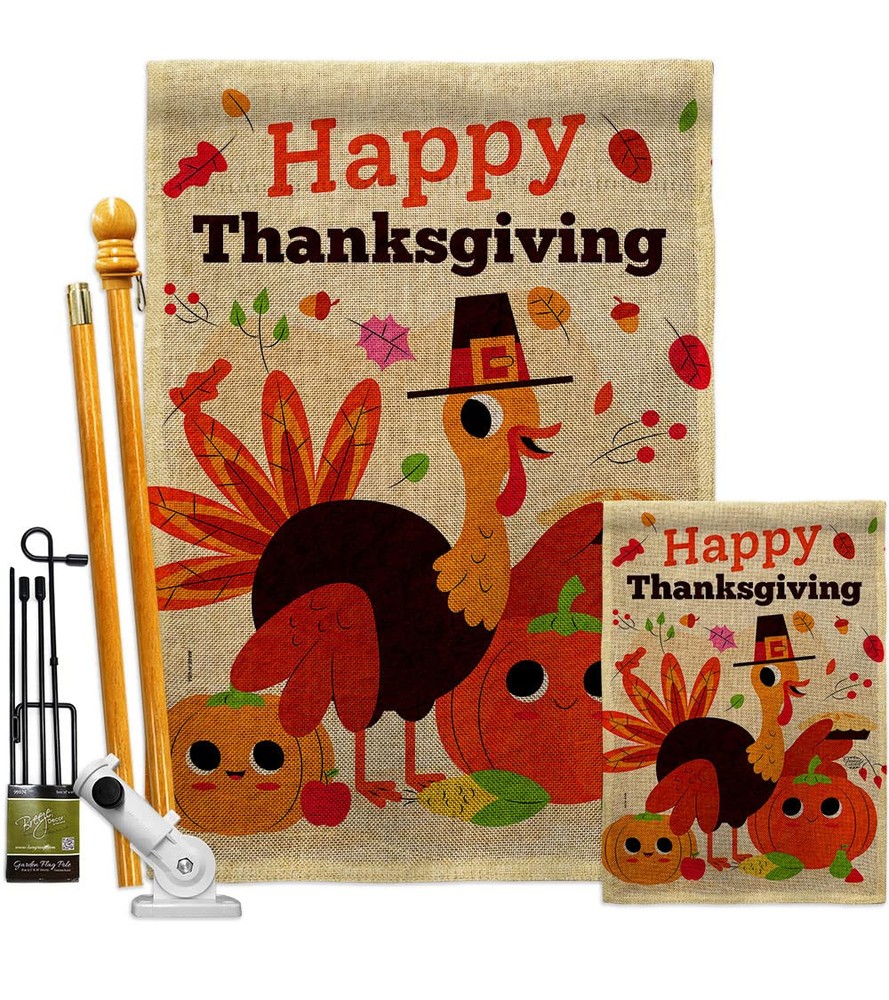 Give Thanks Fall Thanksgiving Turkey Garden House Flag Kit with Pumpkin Gobble Design