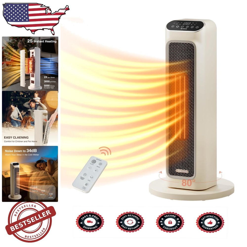 Versatile 1500W Indoor Ceramic Tower Heater with Safety Features & Oscillation