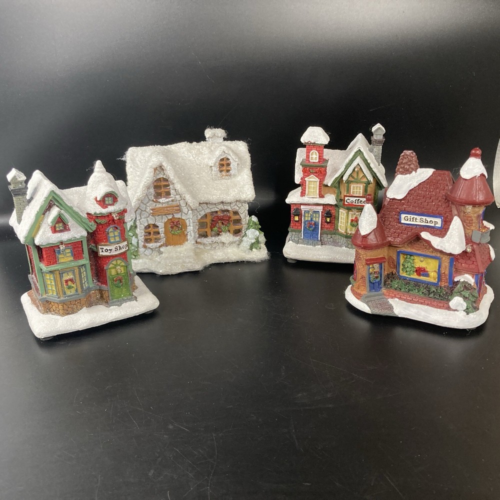 Mini Lighted 4 Shops Holiday Christmas Village Building Figurine 5 Inch Tested