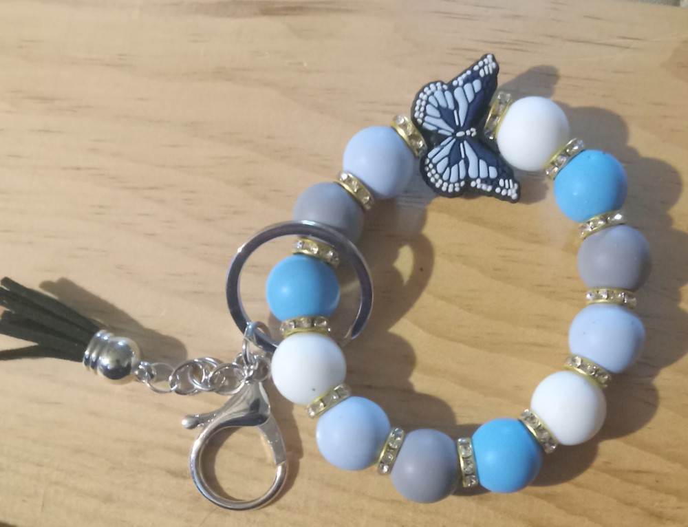 Blue Butterfly Elastic Wristlet Keychain with Mini Tassel Charm