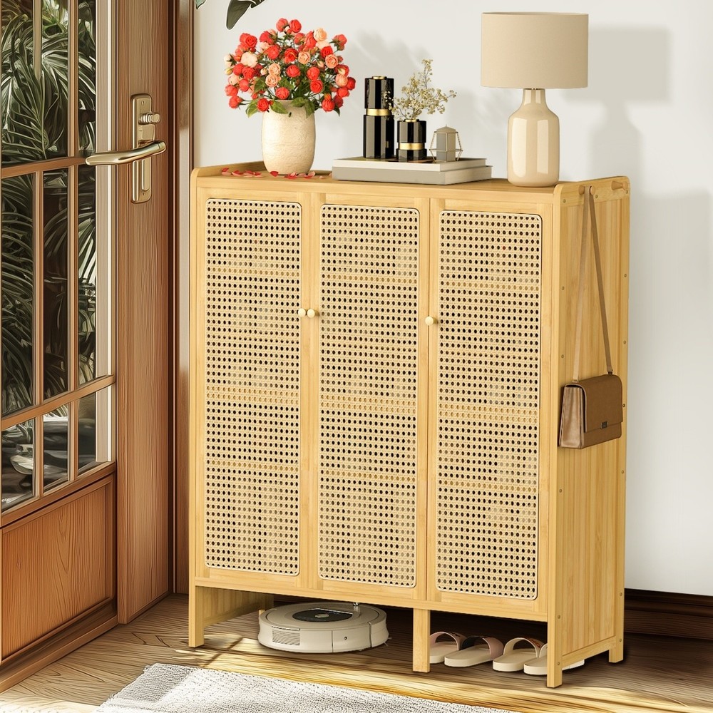 6-Tier Bamboo Shoe Cabinet with 3 Hollow Doors for Entryway Storage