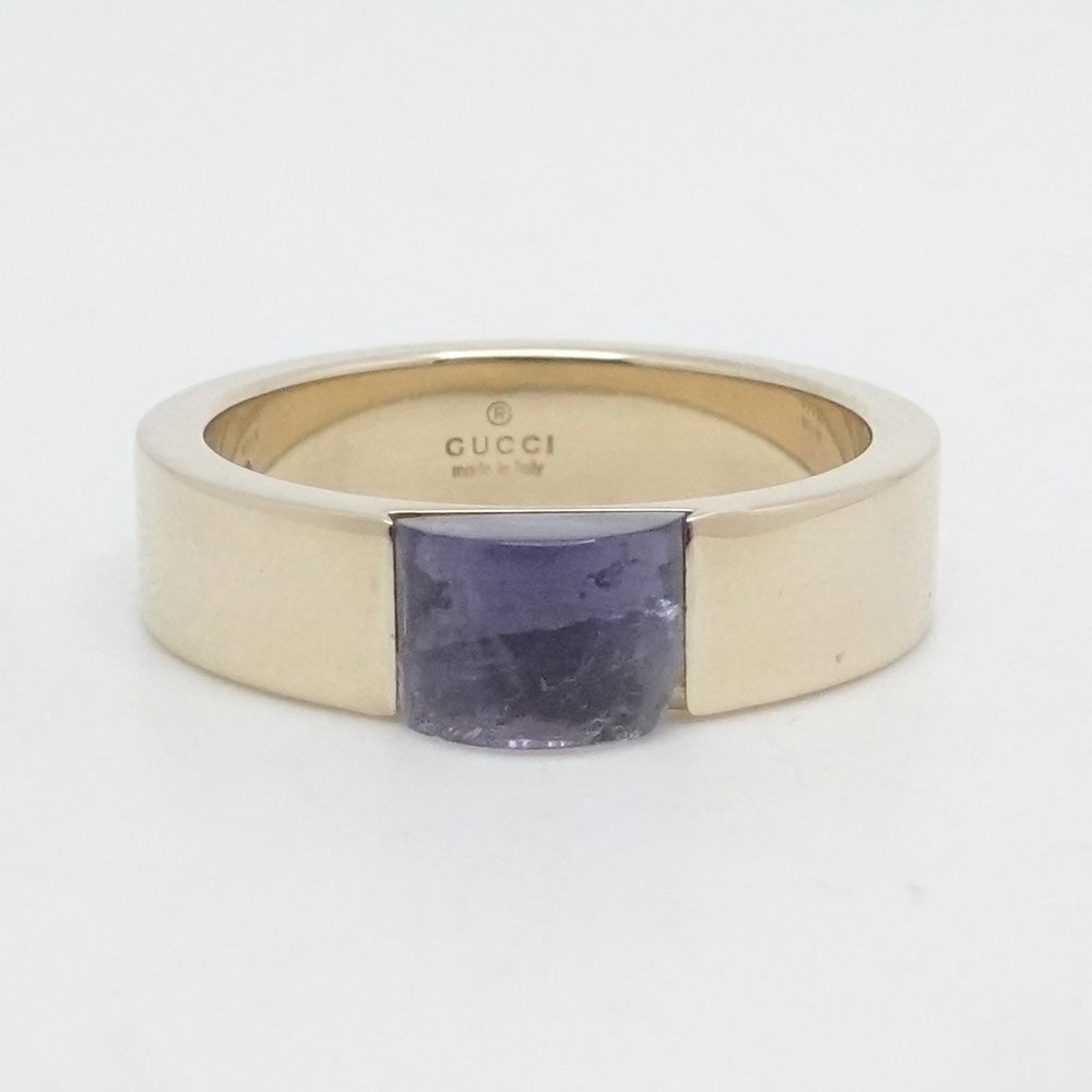 GUCCI 18K Yellow Gold Purple Gemstone Wide Band Ring Size 6.75