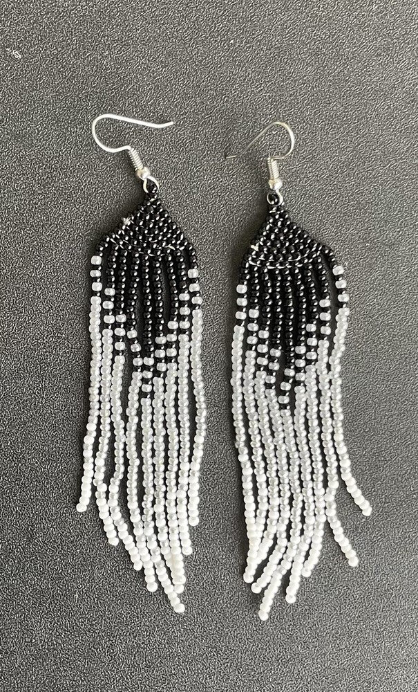Boho Native Style Black Silve White Seed Bead Beaded Earrings Fringe Tassel Long