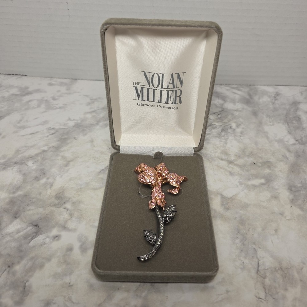Vtg Nolan Miller Glamour Collection Pink Lily Rhinestone Brooch Pin Signed